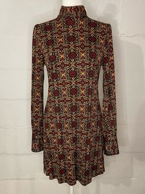 Nieves Lavi Red and Black Geometric Mock Neck Mini Dress